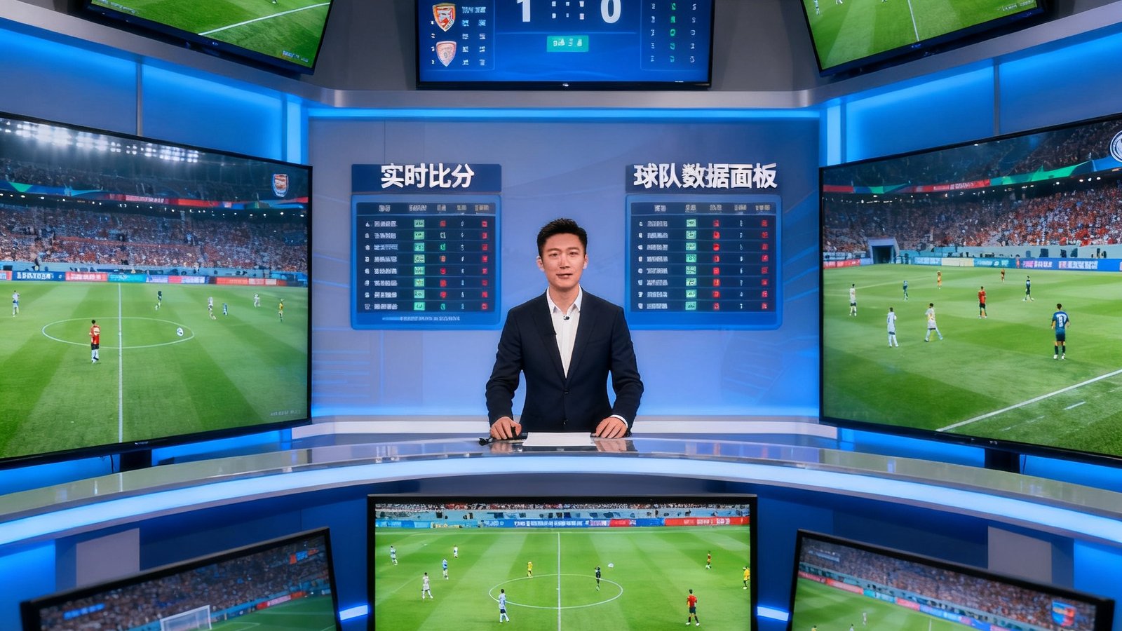 一间配备多块高清屏幕的现代体育直播演播室，主持人正对着一场足球比赛进行实时解说，背景墙上显示着实时比分与球队数据面板