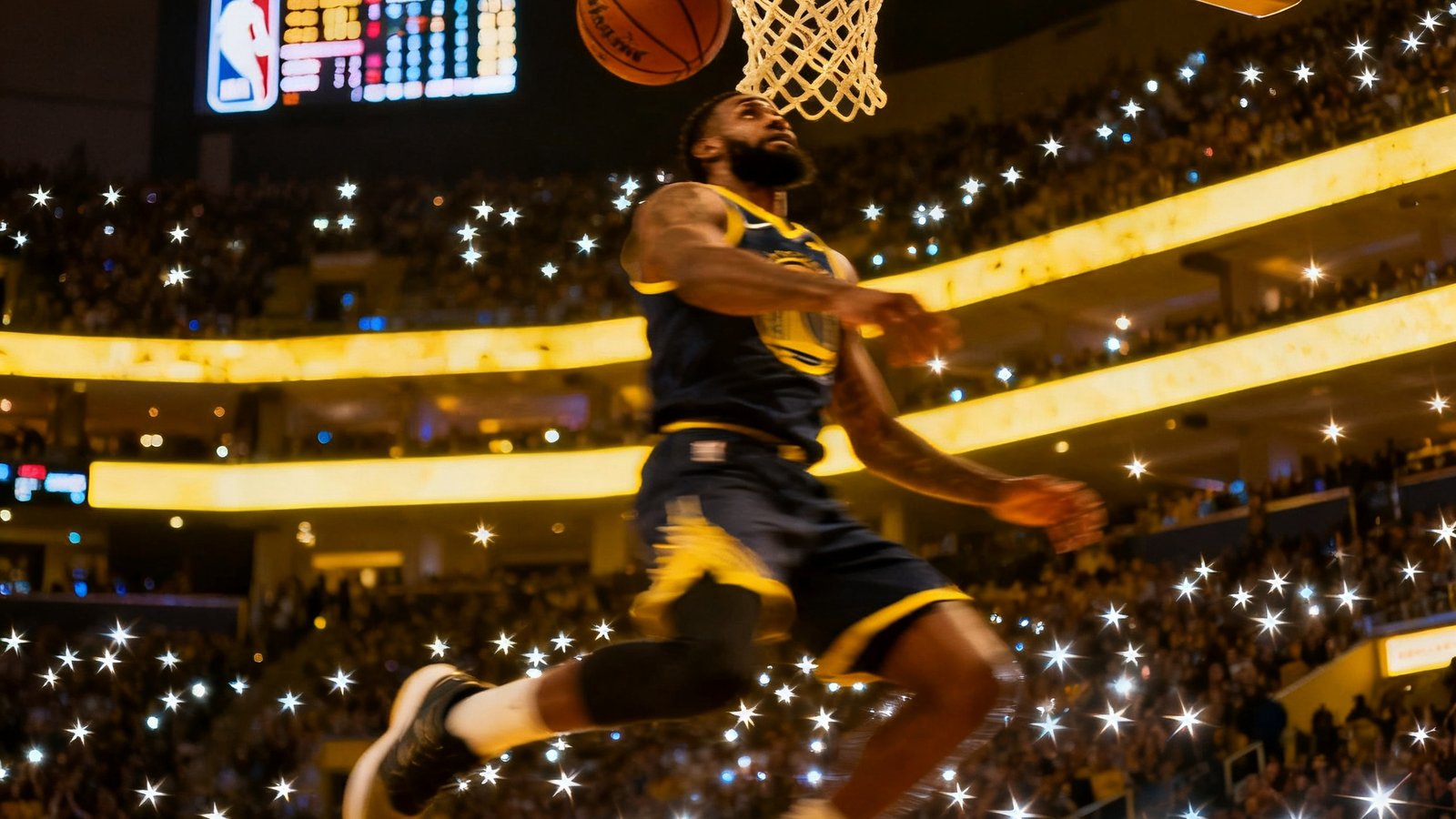 一段3分钟NBA集锦视频封面，画面中一名球员飞身暴扣，篮球被狠狠砸进篮筐，背景是闪耀的记分牌和观众席上举起的手机灯光